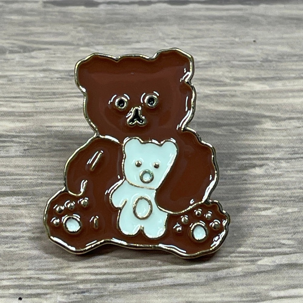 Cute Teddy Bear Holding Baby Bear Enamel Pin Gold Tone Lapel Hat Bag Accessory